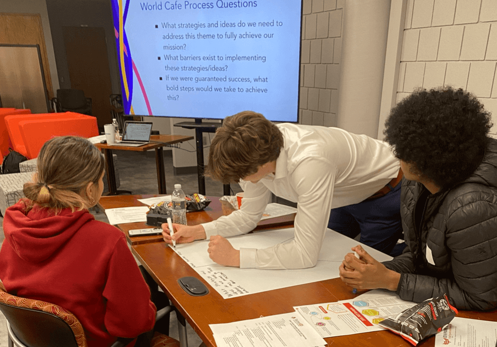 A woman writing on chart paper while two women watch